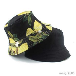 Breda randen hattar Autumn Layer Bucket Cap Women Men Hat Reversible Lemon Print Bob Hip Hop Gorros Fisherman R230607