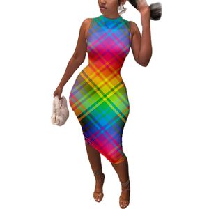 casual dresses summer sleeveless rainbow stripes print dress womens crew neck bodycon mini gradient color woman clothes