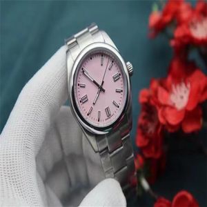 Relógio feminino clássico de alta qualidade, data, mecânico, movimento automático, relógios de aço inoxidável, 36 mm, mostrador rosa, vidro Hardlex, 180316S