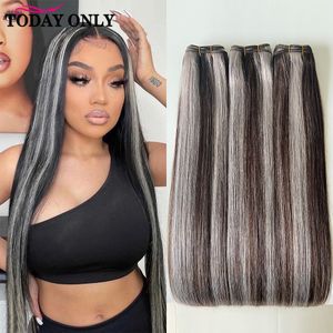 Hair Bulks Highlight Ombre Black With Grey Straight Human Hair Bundles Brazilian Natural Hair Extensions Weaving Bundles Today Only 230607