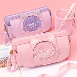 Astucci per matite Astuccio per gatti Quicksand borsa carina Tre strati Penna grande ragazze kawaii Cancelleria animali dei cartoni animati studente 230608