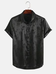Erkekler Tasarımcı Gömlek Gömlek Erkekler İpeksi Saten Gül Baskı Açık Ön Kimono Gömlek - Derin Yeşil S Asetat Elyaf Kısa Kollu Erkekler Sıradan Gömlekler