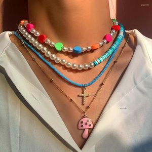 Catene Coreano Trendy Perle D'imitazione Croce Fungo Perline Collana Per Le Donne Arcobaleno Cuore Acrilico Perline Girocollo 2023 Gioielli