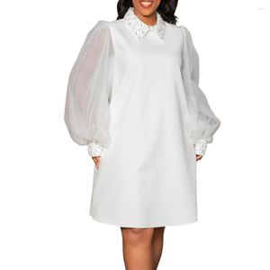 Vestidos casuais plus size elegantes mulheres verão miçangas manga bufante vestido evasê moda mesh patchwork roupas femininas de escritório