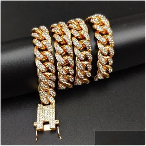 Ожерелье браслета 12 мм кубинские звенья ювелирные украшения набор 18 тыс. Реальное золото, покрытое нержавеющей сталью Майами с дизайном пружинной пряжки Deli Dhpwg