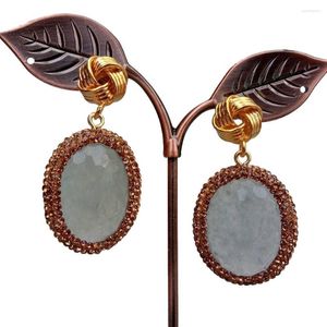 Stud Earrings Y.YING Gray Jade Oval Shape Rhinestone Pave Gold Plated Dangle