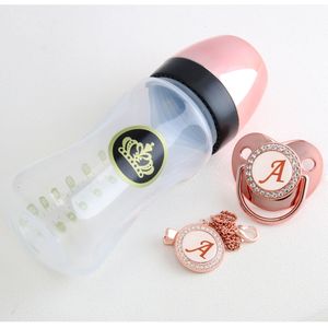 Babyflaschen# 240 ml Roségold-Flaschen- und Schnuller-Set mit Kettenclip, 26 Buchstaben, Bling-Set, BPA-frei, 230608