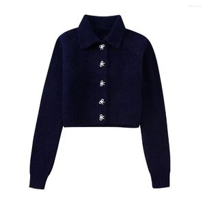 Blusas femininas de malha azul marinho cropped cardigã outono inverno suéter gema botões de laço suéteres femininos cardigãs manga longa malha top mulher