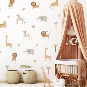 Cute Cartoon Safari Animals Lion Giraffe Elephant Nursery Wall Stickers for Kids Rooms Living Room Decor Wall Decals Wallpaper