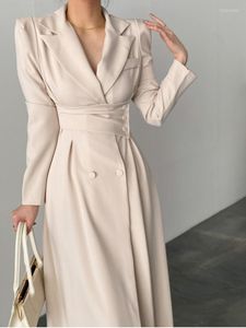 Casual Dresses Office Lady Turn Down Collar Solid Color Long Sleeve Robe For Woman Buttons Slim Waist Dress 2023 Vestidos Elegant Y2k