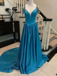 Party Dresses AngelsBridep 2 Store Blue Evening Dress V-Neck A-Line Satin Bridal Gowns Elegant Robe de Mariee Side Split Backless Prom