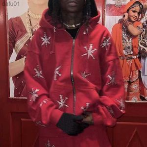 Y2K Rhinestone Snowflakes Overdized Hoodie Autumn Streetwear Full Zip Up Gothic Red Sweatshirts Harajuku Punk Grunge Jacket 2022 L230520