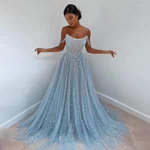 Party Dresses Jewelry Off The Shoulder Scoop Neck Glitter Crystals Bling Prom Dress Sexy Blue Tulle Evening Vestidos De Fiesta Elegantes