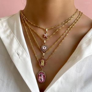 Chains 2023 Trendy Star Twisted Chain Choker Necklace Shiny Pink Heart Geometric Rhinestone Pendant For Women Jewelry Gift