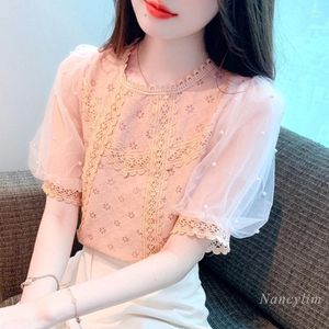 Women's Blouses Fashion Lace Shirt Woman's Beaded Short-Sleeved Summer Top 2023 Mesh Blouse Chic Super Fairy Loose Blusas