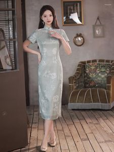 Etniska kläder FZSLCYIYI Traditionell droppkrage Jacquard Satin Qipao Chinese Pärled Short Sleeve Cheongsam Women Dresses