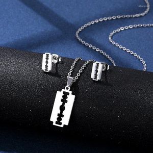 Pendant Necklaces Punk Razor Blade Earrings And Necklace Set Silver 925 Plated Jewelry Stainless Steel Gothic Ear Studs For Man