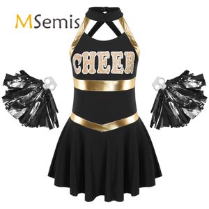 Cheerleading Kinder Mädchen Uniform Sport Tanzkleid Ärmellos Buchstaben bedruckt Hohlrücken mit 1 Paar Quasten Blumenbällen 230608