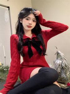 Casual Dresses Holiday Red Fashion Long Sleeve Knit Dress Cute Doll Collar Sweet Bow Slim Tight Pencil Mini Short Sweater Bottoming