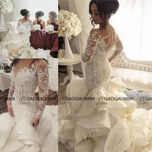 Steven Khalil 2019 Lüks Ruffles Katedral Tren Denizkızı Gelinlik Uzun Kollu Orta Doğu Artı Beden Dantel Organza Çar