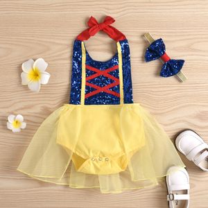 Rompers Baby Girls Romper Dress with Headband Sequined Patchwork Sleeveless Belt Lace Backless Jumpsuits 2pcs Party Outfits 230608