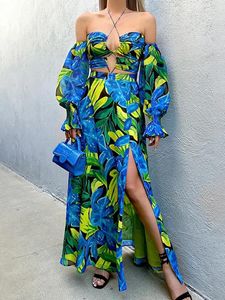 Roupa de banho feminina com estampa de folhas verdes e azuis manga comprida com cadarço decote pendurado maiô feminino sexy saia longa praia