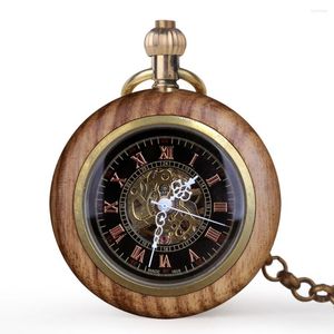 Pocket Watches Antique Wooden Mechanical Skeleton Hand-winding Retro Men Women Clock With Pendant Fob Chain
