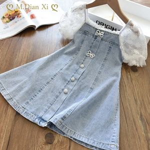 Flickor klänningar barn sommar för bow pärla prinsessan baby klänning tjej puff ärmar fest vestidos barn kläder denim 230607