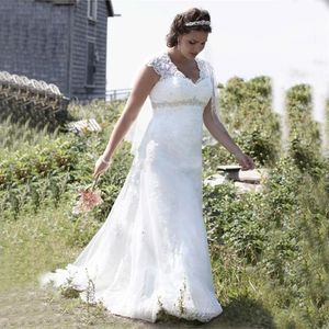 New Plus Size Empire Wedding Dresses Cap Sleeve V Neck Beaded High Waist Lace Sweep Train Bridal Gowns Custom Made246Y