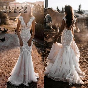 Romantic Lace Mermaid Wedding Dresses Country Garden Bohemian Sexy Backless Applique Cap Sleeve Ruched Long Bridal Gowns BC109393028