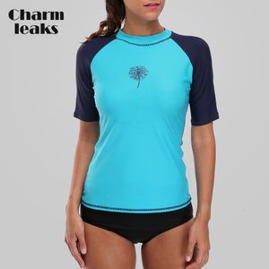 Wetsuits Drysuits Charmleaks Women Short Sleeve Rashguard Swimsuit Surfing Shirts Swimwear UV-Protection Upf50 Rash Guard Running Top Beach Wear 230607