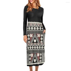 Casual Dresses 2023 Female Floral Maxi Polynesian Tribal Black White Tapa Masi Cloth Print Custom High Quality Autumn Dress For Ladies