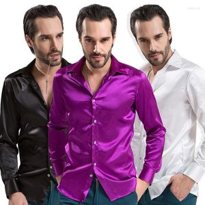 Men's Casual Shirts Luxury Shiny Silk Like Satin Fashion Men Dress Long Sleeve Wedding Groom Stage Prom Button Male Shirt Nice