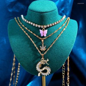 Chains Trendy Dragon Animal Crystal Pendant Necklace For Women Multilayer Butterfly Rhinestone Choker 2023 Design Jewelry