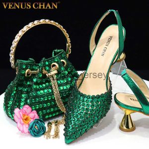 Sandaler Venus Chan High Heels för Lady 2023 Luxur Designer Green Color Full Diamond Pointed Toe Wedding Shoe and Bag Set For Party J230608