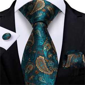 Neck Ties 100% Silk Luxury Teal Green Paisley 8cm Tie For Men Wedding Dress Necktie Business Party Tie Pocket Square Cufflinks Set DiBanGu 230607