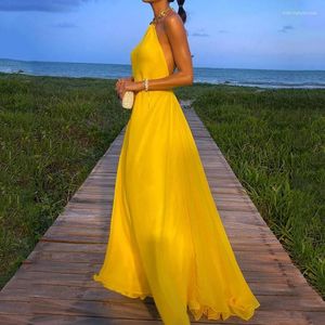 Sıradan elbiseler yular sırtsız maxi kadınlar için bahar yaz zarif uzun parti gece elbisesi bodycon sarı mavi katı
