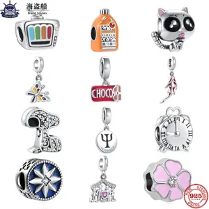 Для Pandora Charms Authentic 925 Silver Beads Beads Bead Chocolate Cat TV Bow Alarm Alarm Bracelet Charm