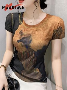 Camisetas femininas MadBlack Summer European Clothing Tshirts Women Sexy Gold Printing Streetwear Slim Tops Manga Curta Tight Tees 2024