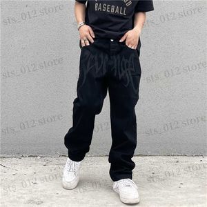 Herren Jeans Herren Hosen Y2K Emo Mode Schwarz Streetwear Bestickte Low Rise Baggy Jeans Hosen Gerade Hip Hop Alt Denim Männliche Kleidung T230608