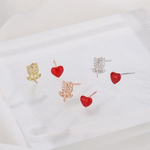 Brincos de prata esterlina 999 com diamante lindamente desenhado flor de amor assimétrica para mulheres joias puras