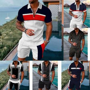 kläder Herr träningsoveraller ny sommar 2-delad byxa Set Oversized Blommig GEO Zipper Polo Byxa Outfits Summer Streetwear