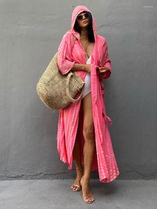 Casual Dresses Bohemian Tie Dye Striped Hoodie With Pocket Kimono Dress 2023 Spring/Autumn Women Beach Wear Elegant Maxi A2430