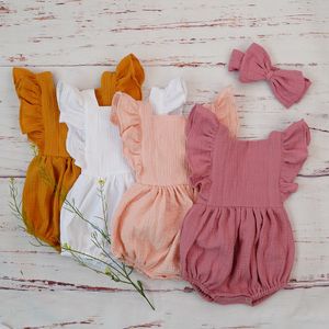 Rompers säljer ekologisk bomullsspädbarn Sommar dubbel gasväv född baby flickor kläder jumpsuit ruffle blommor småbarn kläder 230607