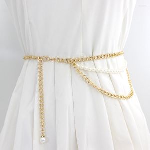 Belts Pearl Waist Chain Ladies Fashion Belt Hip High Gold Silver Narrow Metal Thick Tassel Crystal Diamond