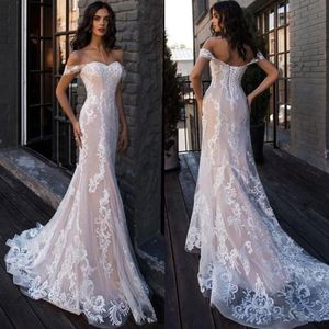 Luksusowe nago podszewka Suknie ślubne syreny 2021 Off ramię pełna koronkowa aplikacja koronkowa sukienki ślubne plażowe Vestido de novia305w
