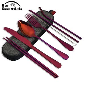 Dinnerware Sets 8Pcs/set Tableware Reusable Travel Cutlery Set Camp Utensils Set with stainless steel Spoon Fork Chopsticks Straw Portable case 230607