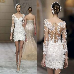 Sexy White Lace Applique Mini Wedding Dresses Illusion Long Sleeve Sheath v Neck Bridal Gowns Custom Made Wedding Gowns251l