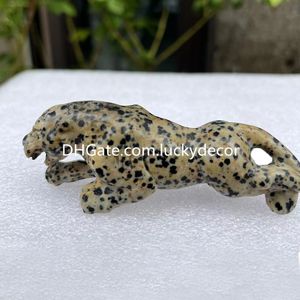 Natural Dalmation Jasper Leopard Figurin Collectible Decor Fantastisk svart obsidian larvikit spektrolit kalligrafi Stone Animal Statue Carving Crystal Gift