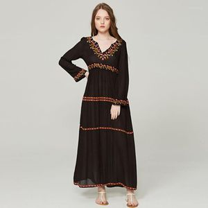 Casual Dresses DALMAZZO Vintage Black Women V Neck Flare Sleeve Holiday Vestidos Bohemian People Cotton And Linen Embroidery Long Dress 2023